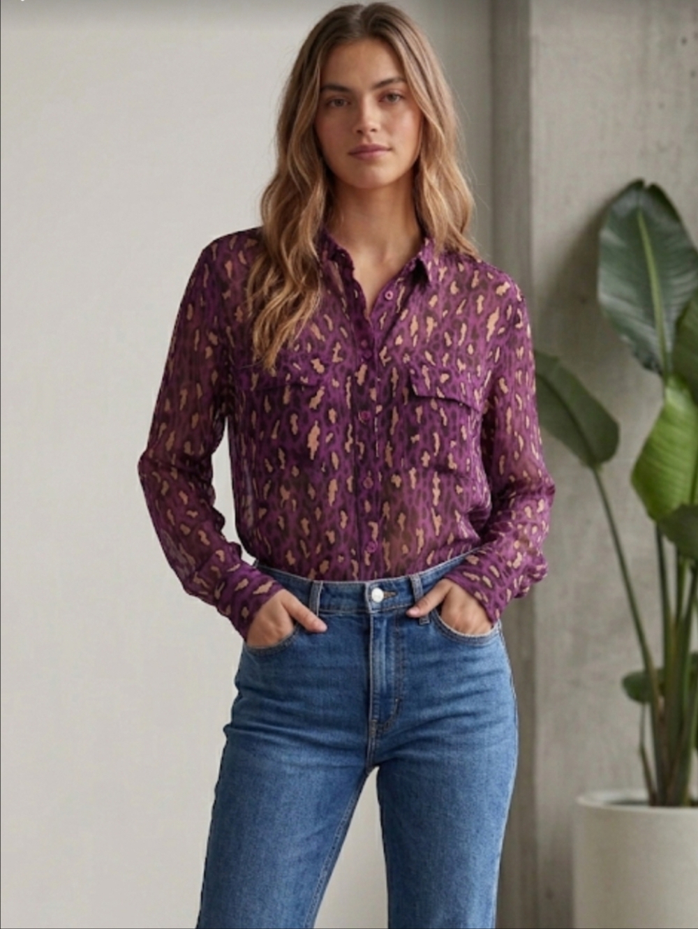 EQUIPMENT FEMME Silk Blouse Button Up Shirt S Purple Leopard Animal Print Luxury